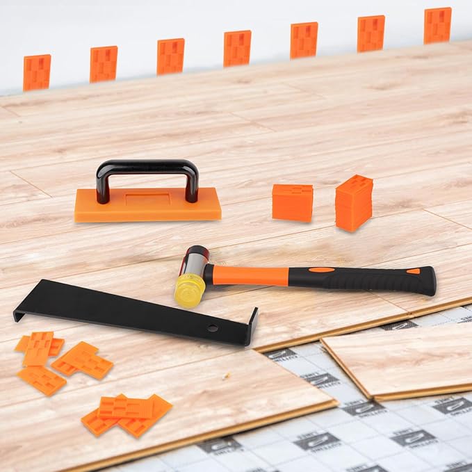 43-Piece Laminate Flooring Installation Kit with Sturdy Double-Ended Hammer, Steel Return Hooks, Snug-Fitting Two-Handed Knocking Block with Handle, and Shims, Perfect for Home and Professional Use