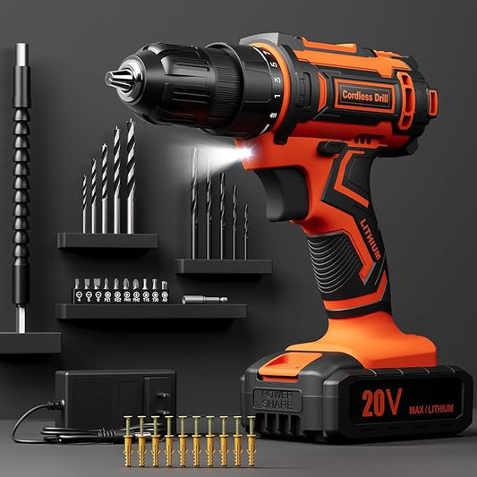 Cordless Drill Set, 20V Power Drill with Power Pack 2.0Ah and Charger, 3/8-Inch Keyless Chuck Electric drill, 25+1 Position, 42pcs Drilldriver Bits/Screws for DIY Projects (Orange)