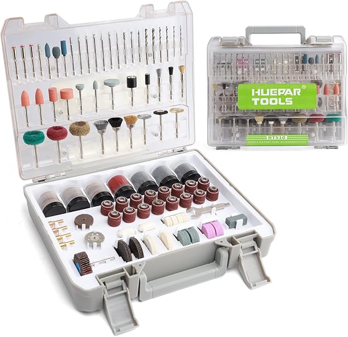 Huepar Tools 510-Piece Rotary Tool Accessories Kit, 1/8 inch (3.2mm) Diameter Shanks, Universal Accessories Bits for Easy Cutting, Sanding, Grinding, Carving, Polishing, Drilling and Engraving