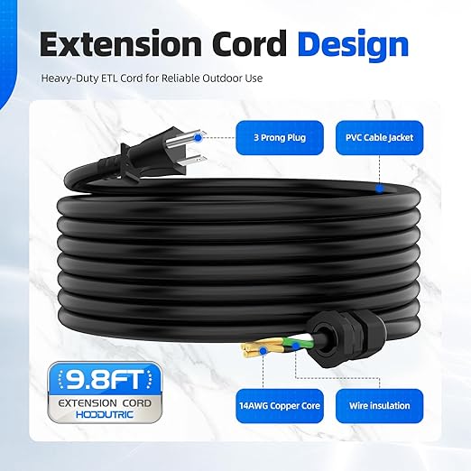 Outdoor Power Outlet Box with 9.8Ft Extension Cord, NEMA 5-15R, IP66 Waterproof Outlet Box 14AWG Wire Double Socket with Lockable Cover & LED Indicator for Garden & Outdoor Use