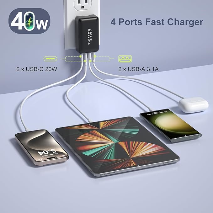 Excgood USB C Charger Block 40W, 4-Port Flat USB Wall Charger Adapter Multiport Dual PD+QC Foldable Slim Fast Charging Plug Compatible for iPhone 16 15 Pro Max 14 13 iPad Watch Galaxy S23,2Pack Black