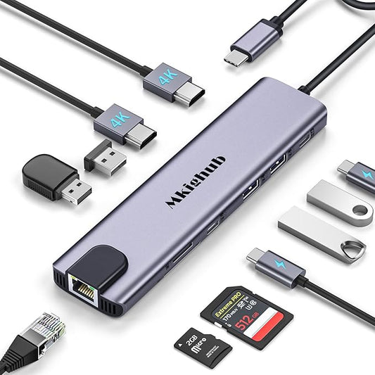 USB C Laptop Docking Station, Mkighub 11 in 1 Type C Hub Multiport Adapter Dongle w/2 HDMI 4K, 100W PD, Gigabit Ethernet, SD/TF, 2 USB3.0, 2 USB2.0, USB C 3.0 Data, for Dell/Surface/HP/Lenovo Laptops