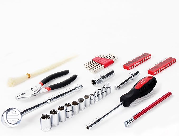 Apollo Tools 56 Piece Compact Metric Auto Tool Set in Zippered Case, Small Mechanic Tool Set for Car Emergency, Motorcycle Repair on the Road, Great for Travel Tool Needs - Red - DT9775