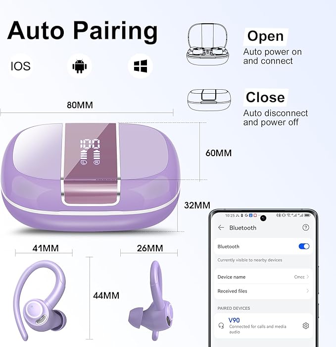 Wireless Earbuds Bluetooth 5.3 Headphones Sports, 48Hrs Playtime Bluetooth Earbuds with CVC 8.0 Mic, Stereo Bass Over Ear Bud with Earhooks, LED Display, IP7 Waterproof Earphon for Running Purple