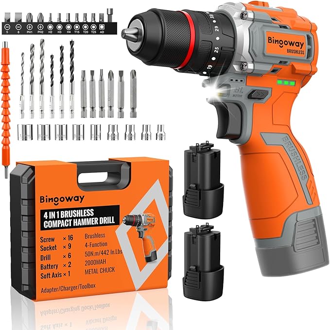 50N.m Brushless Cordless Drill, 4-Function Electric Drill with 36 pcs Accessories, Keyless Metal Chuck, 35 Torque Adjustment, 2pcs Batteries, 2 Speed, Screwdriver, Wrench, Impact Gun For Housework