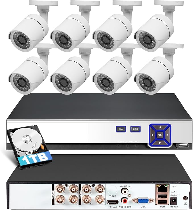 8Channel Security Camera DVR System H.265+ Surveillance DVR Recorder with 8pcs Surveillance Cameras with Human Detection, Mobile APP & PC Remote, Smart Playback Pre-Installed 1TB Hard Drive
