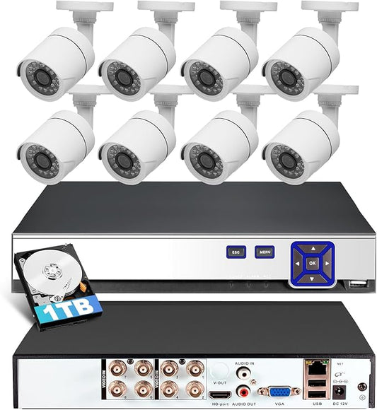 8Channel Security Camera DVR System H.265+ Surveillance DVR Recorder with 8pcs Surveillance Cameras with Human Detection, Mobile APP & PC Remote, Smart Playback Pre-Installed 1TB Hard Drive
