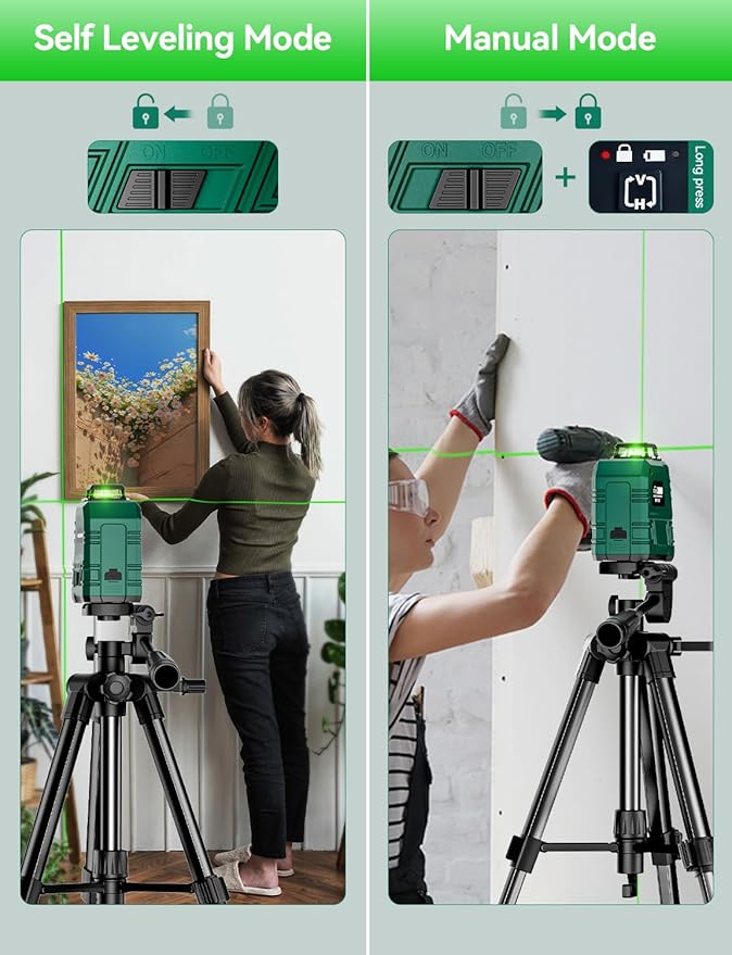 Laser Level with Adjustable 47 inch Tripod, RockSeed 1x360° Horizontal and 1x 150° Vertical Green Line Self-Leveling Laser Level, Rechargable Laser Leveler, for Hanging Pictures/Wall Construction