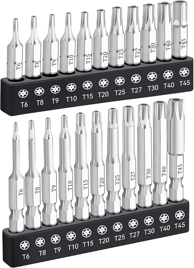 22 Piece Security Torx Bit Set (T6-T45), 1/4 Inch Hex Shank S2 Steel Magnetic Tamper Proof star screwdriver bit set, 1" and 2" Long