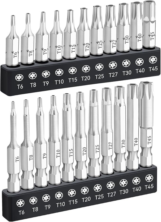 22 Piece Security Torx Bit Set (T6-T45), 1/4 Inch Hex Shank S2 Steel Magnetic Tamper Proof star screwdriver bit set, 1" and 2" Long