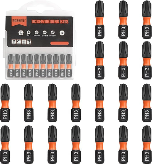 Pro PH3 Bit Assortment - Screwdriver Bits Set 20Pcs, 25mm Length, Phillips Screwdriver Bit, 1/4 Inch Hex Shank, with Storage Box