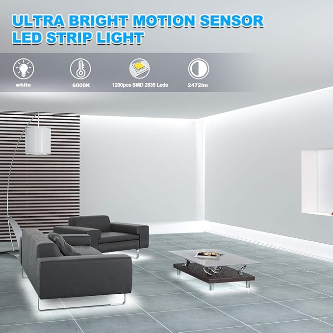 MY BEAUTY LIGHT Motion Activated LED Strip Lights, 65.6ft LED Light Strip with Day or Night 2 Lighting Modes,3 Timing Off Modes,Bright White 24v Plug-in LED Rope Lights for Under Cabinet,Kitchen,Room