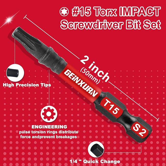 30Pieces 2 In. T15 Impact Tough Magnetic Screwdriver Bit Set, #15 Torx Head Power Bits, S2 Alloy Steel Star Bits with 1Pc Impact Bit Holder and Storage M-Box