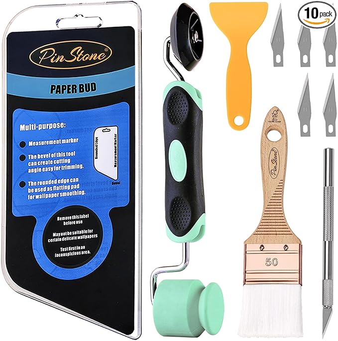Wallpaper Smoothing Tools, 10pcs Wallpaper Kit with Silicone Flat & Corner Seam Roller, Squeegee and Wallpaper Paste Brush for Smoothing Wall paper Peel and Stick Vinyl Application