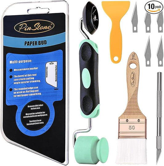 Wallpaper Smoothing Tools, 10pcs Wallpaper Kit with Silicone Flat & Corner Seam Roller, Squeegee and Wallpaper Paste Brush for Smoothing Wall paper Peel and Stick Vinyl Application