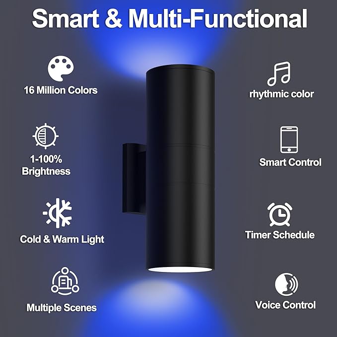 Smart 120W Up and Down Outdoor Wall Light, RGBCW Color Changing Exterior Wall Sconce with App & Remote Control, 2700K-6500K Tunable White LED, Dimmable Up/Down Light for Porch Patio Garage