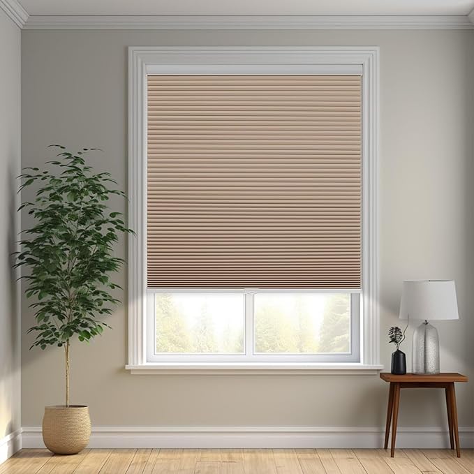 Changshade Cordless Cellular Shades, Blackout Honeycomb Shades for Windows, Pull Down Pleated Blinds, Easy to Install for Indoor Windows and French Doors,33" W x 72" H, Light Brown