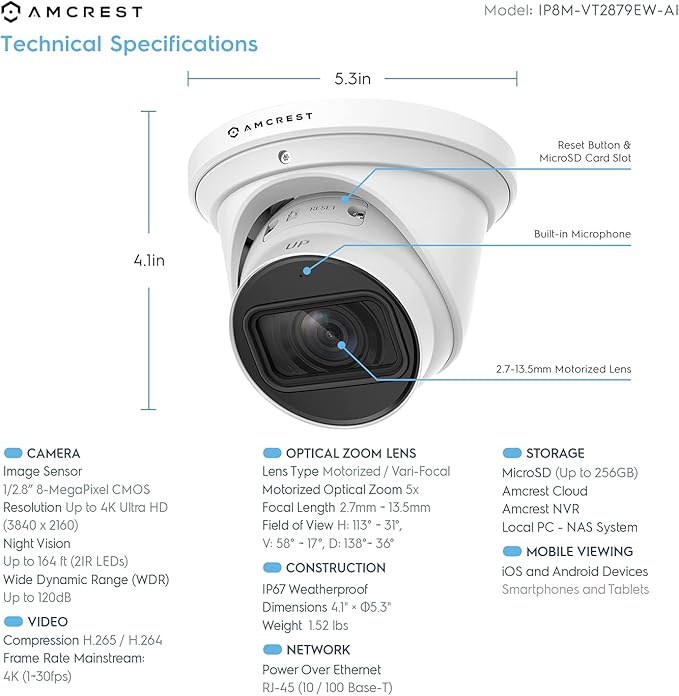 Amcrest 4K Optical Zoom AI IP PoE Camera, Varifocal 8MP Outdoor IP POE AI Camera Turret, Face Detection, Human/Vehicle Detection, 2.7mm~13.5mm Lens, IP67, 5X Optical Zoom (IP8M-VT2879EW-AI)