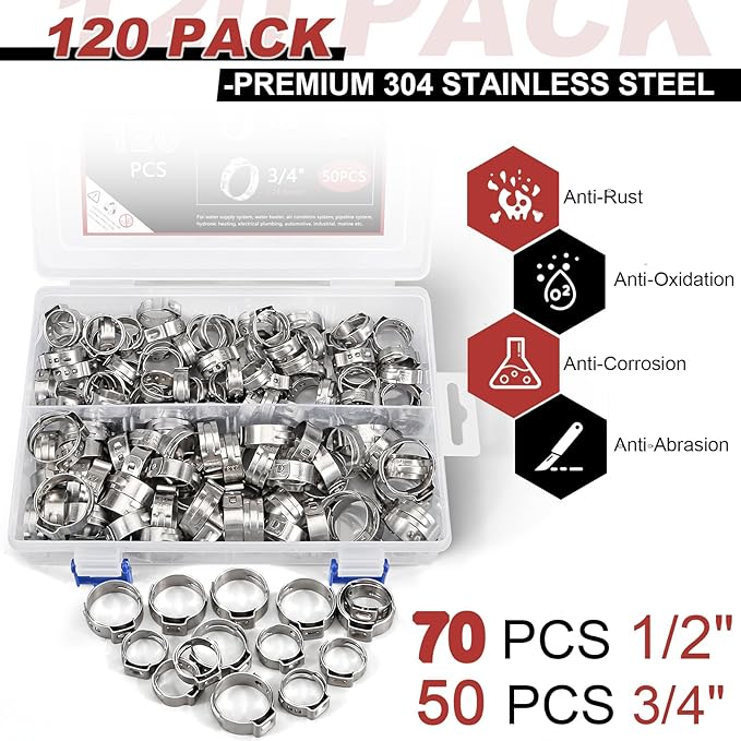 120PCS 1/2",3/4" PEX Clinch Clamps Kit, Premium 304 Stainless Steel Pex Clamps PEX Clamp Rings, Rings Pinch Clamps for PEX Tubing Pipe Fitting Connections By Hydencamm