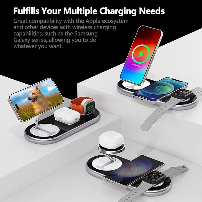 2025 Upgraded 3 in 1 Charging Station for Apple Devices, Fast Magnetic Mag-Safe Wireless Charger Stand for iPhone 16/15/14/13/12 Series & Apple Watch 1-10/Ultra & AirPods Pro (Silver)