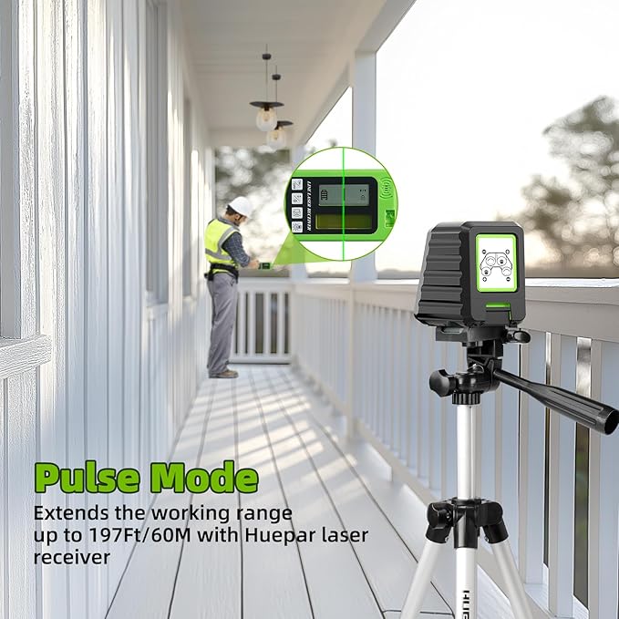 Laser Level with Tripod, Huepar 150Ft Self Leveling Lazer Level Outdoor Use, 150° Vertical Green Cross Line Level Laser for Picture Hanging, Tile, Construction Project - Pulse Mode (25.6 in Tripod)