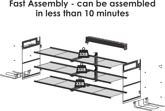 CCCEI Large Garage Tools Storage with Charging Station. Power Tool Battery Organizer Utility Shelf with Power Strip. 4 Drills Holder Wall Mount Rack, Black 3 Layer.