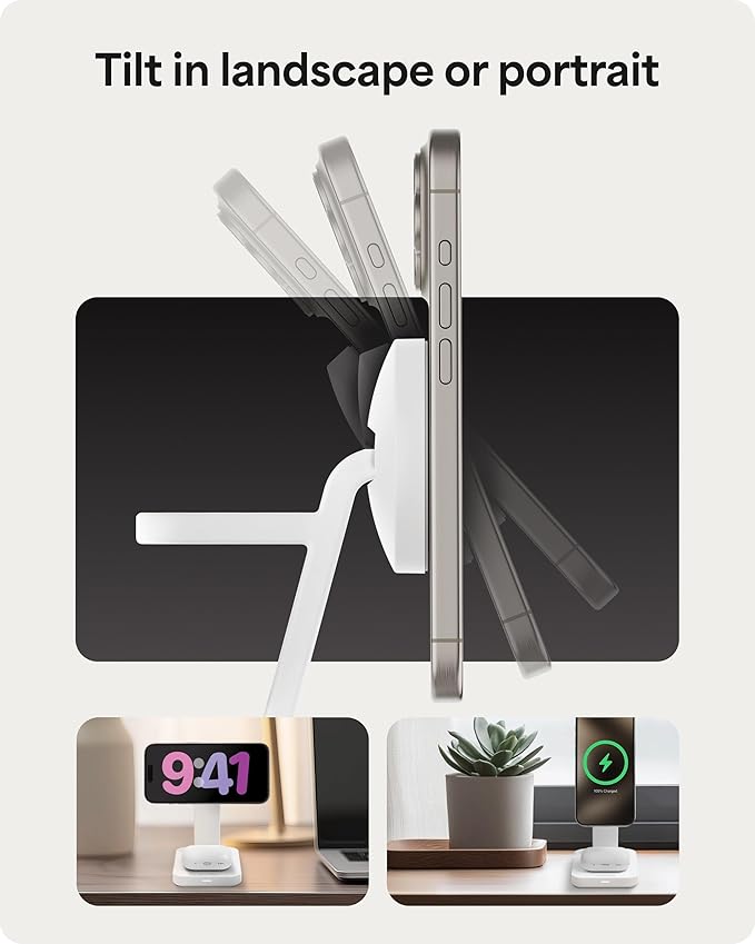 Mophie Snap+ 3-in-1 Wireless Charging Stand - MagSafe & Qi2 Certified, Compatible with iPhone 16/15/14/13/12, Apple Watch, AirPods - Multi-Device Magnetic Charging Station, Eco-Friendly Design, White