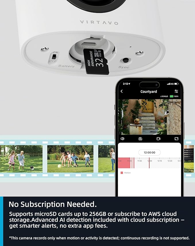 virtavo SolarFlask 2K Solar Security Cameras Wireless Outdoor, Starlight Lens, Color Night Vision, PIR Motion Detection, Battery-Powered, 2-Way Audio, Weatherproof, Cloud/SD Storage, 2.4GHz WiFi