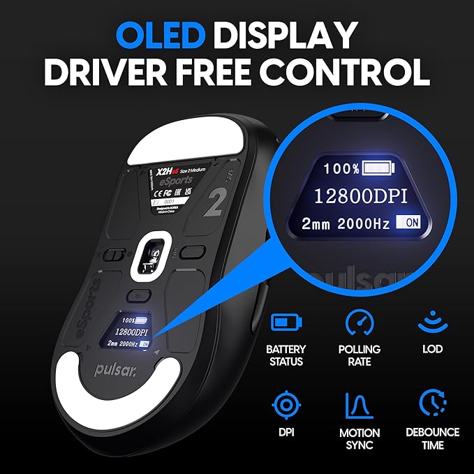 Pulsar Gaming Gears - X2H eS Wireless Gaming Mouse, Symmetrical, Optical Switch, OLED Display, Driverless, PAW3395 Sensor, 100H Battery, 4K dongle Included (Medium, Black)