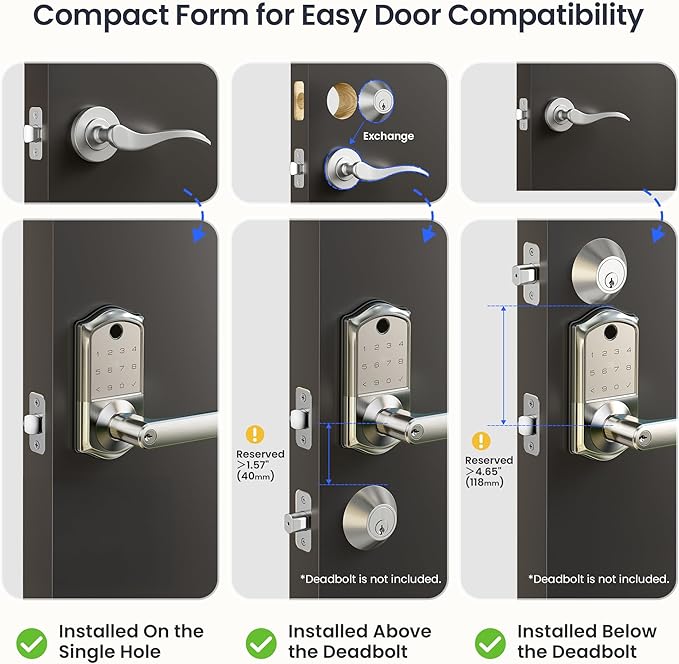 Veise VE019 Fingerprint Smart Lever Lock - APP Control, Keypad Door Lock with Handle, Keyless Entry for Front Door and Bedroom, Electronic Digital Knob, Remote Grant, IP55 Weatherproof, Satin Nickel