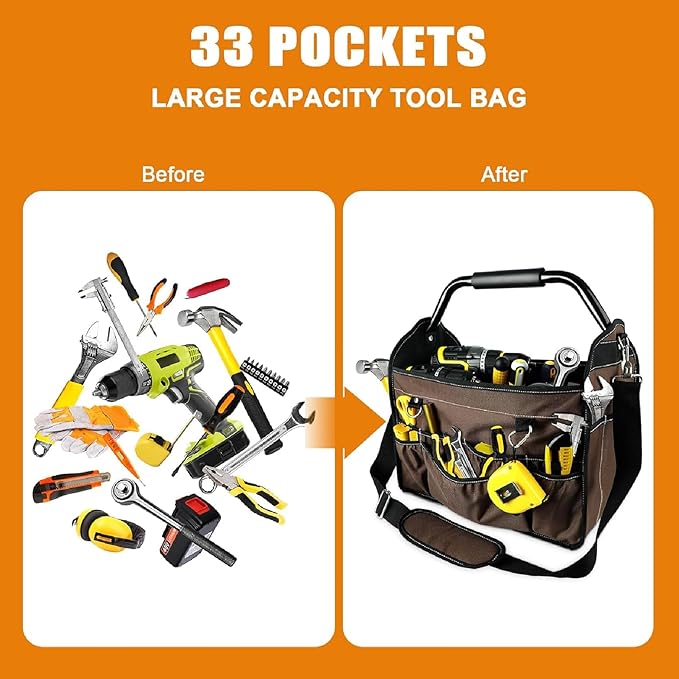 KUNLUN 17-Inch Open Top Tool Bag, Electrician Tool Bag, Tool Tote Bag Organizer for Easy Tool Access, 33 Pockets Foldable Tool Carrier with Rotating Steel Handle and Removable Shoulder Strap, Brown