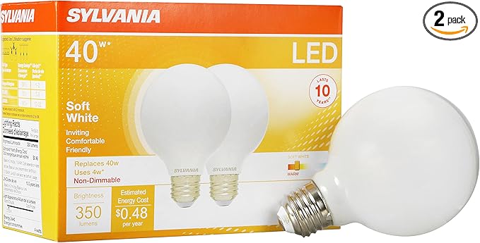 SYLVANIA G25 LED Light Bulb, 40W Equivalent Efficient 4W, 10 Year, Non-Dimmable, 350 Lumens, 2700K, Soft White - 2 Pack (40214)