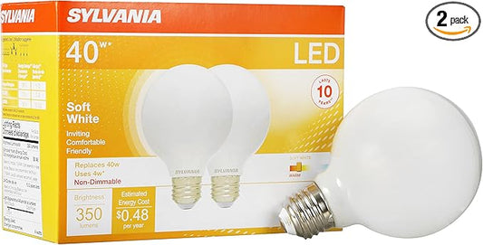 SYLVANIA G25 LED Light Bulb, 40W Equivalent Efficient 4W, 10 Year, Non-Dimmable, 350 Lumens, 2700K, Soft White - 2 Pack (40214)