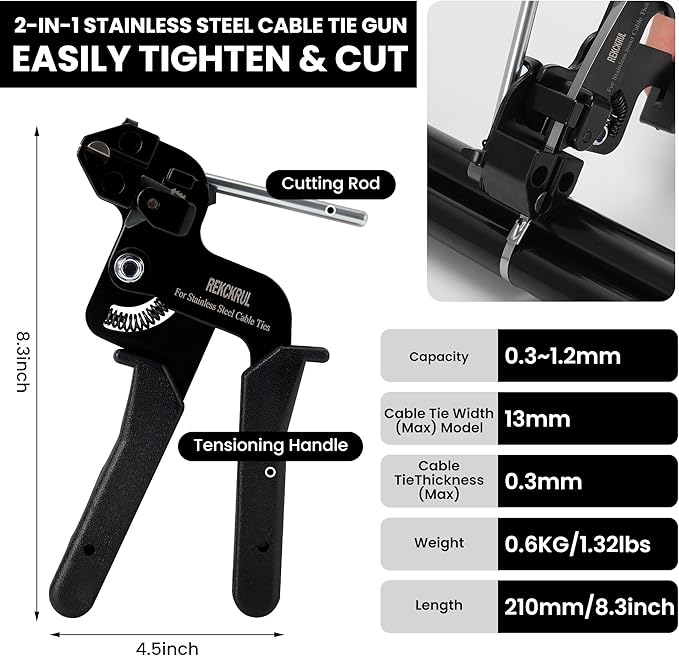 Stainless Steel Cable Tie Gun Set – Heavy Duty Metal Zip Tie Tool Kit - 150PCS Self-Locking Ties, Adjustable Fastening & Cutting Tool for Outdoor Fencing, Automotive, Exhaust Pipes (Black)