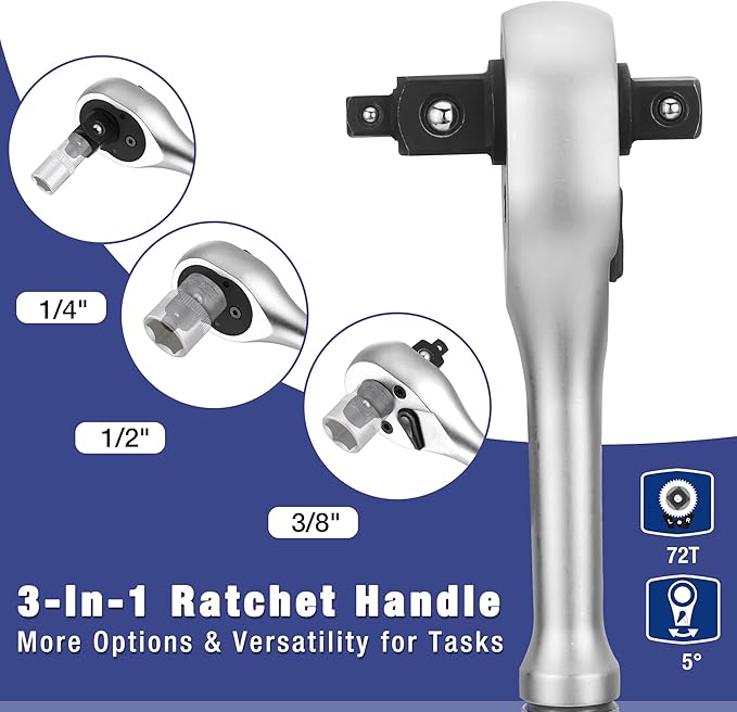 WORKPRO 22-Piece Socket Set with 3-in-1 Ratchet Handle, 1/4, 3/8, 1/2 Inch Drive Socket Wrench, CR-V Metric Socket Set, Extension Bars, Storage Box Included, Mechanics Tool Sets for Auto Repairing