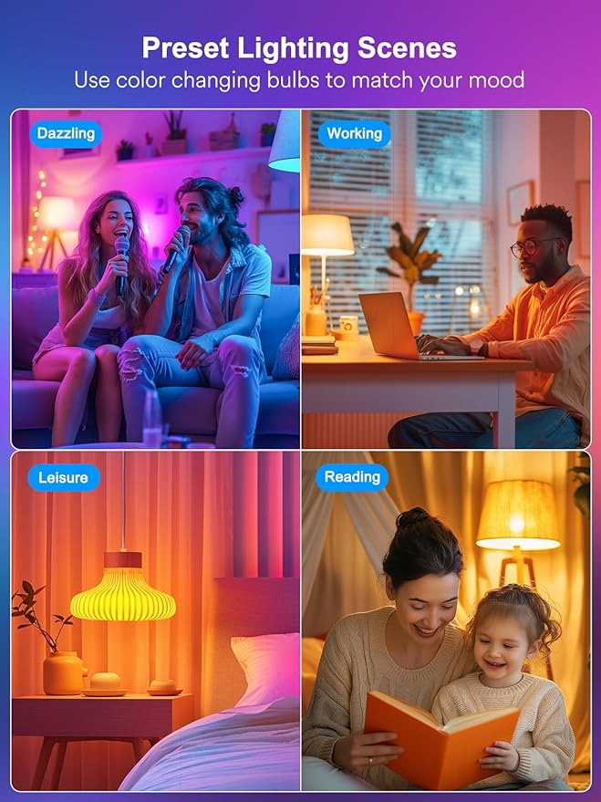 ANGELHALO Smart Light Bulbs, Color Changing A19 LED Light Bulb, Work with Alexa and Google Assistant, Wi-Fi & Bluetooth Light Bulbs, 16 Million Colors RGBCW, Music Sync, 800 Lumens, 2.4Ghz only,2 Pack