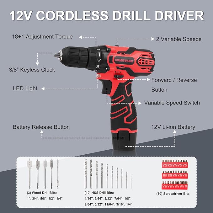 COMOWARE 169PCS Home Tool Kit with 12V Cordless Power Drill, Multi-Task for DIY Home Repair & Maintenance, Red Storage Bag Included