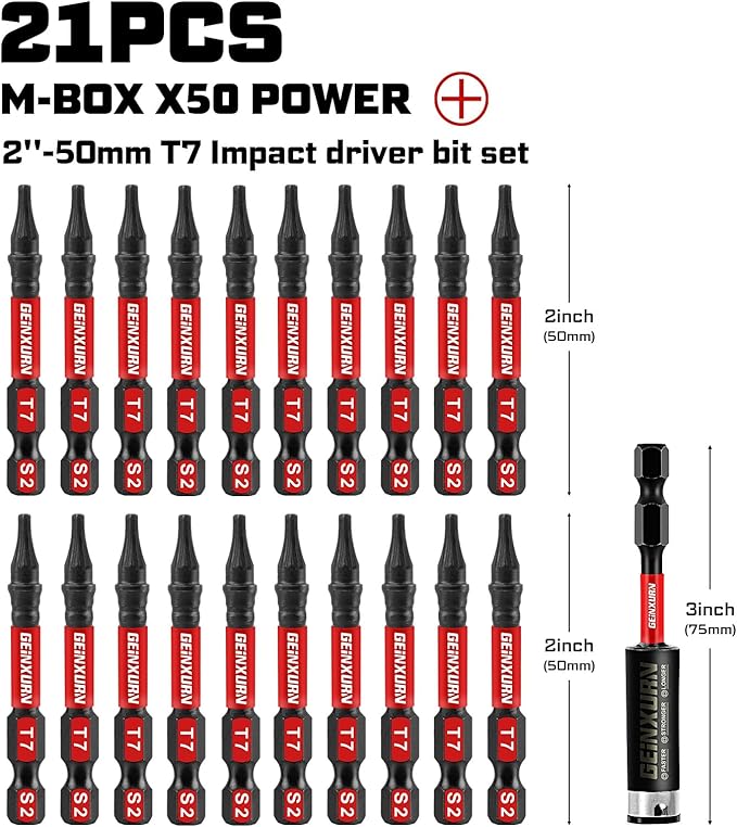 20Pieces 2inches T7 Impact Tough Magnetic Screwdriver Bit Set, #7 Torx Head Power Bits, S2 Alloy Steel Star Bits with 1pc Bit Holder and Storage M-Box