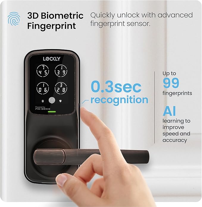 Lockly Secure Pro Smart Lock Wi-Fi, Keyless Entry Digital Keypad Door Lock, 3D Biometric Fingerprint Sensor Front Door with Handle, Voice Control & Auto Lock - Latch Edition