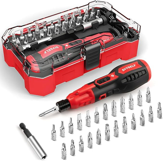 DIYSELF Electric Screwdriver Cordless Rechargeable 3.7V Power Screwdriver with LED Light 28-Piece Small Electric Screwdriver Kit Includes Bits, Magnetic Bit Holder, USB Charging Cable, Carrying (Red)
