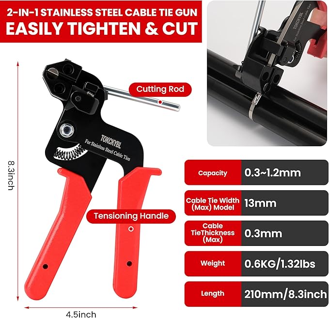 Stainless Steel Cable Tie Gun Set – Heavy Duty Metal Zip Tie Tool Kit with 150PCS Self-Locking Ties, Adjustable Fastening & Cutting Tool for Outdoor Fencing, Exhaust Pipes, Automotive (Red)