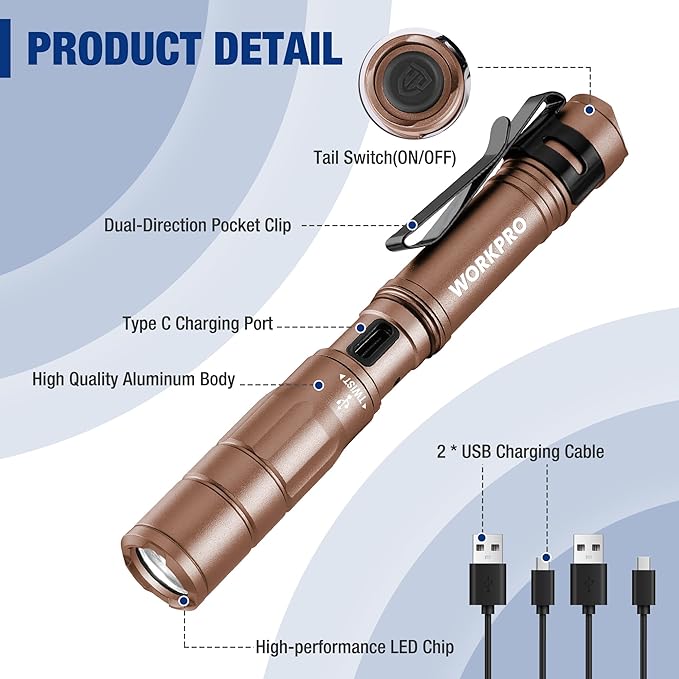 WORKPRO Rechargeable Pen Light, Mini Flashlight, 2 Pack Ultra-Compact EDC Flashlight, Pocket Flashlight with Clip, Memory Function and 2 x USB C Cable Included, Brown