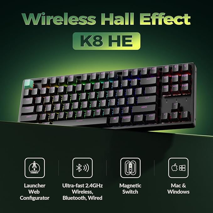 Keychron K8 HE TKL Wireless Mechanical Keyboard Hot Swappable Hall Effect Magnetic Switches 2.4 GHz/Bluetooth/Wired QMK/VIA Custom RGB Backlit for Mac Windows Linux-Black