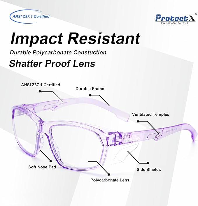 ProtectX Stylish Anti-Fog & Scratch-Resistant Safety Glasses, UV Protection Goggles, Anti-Impact Lightweight Glasses for Men＆Women Lilac Clear