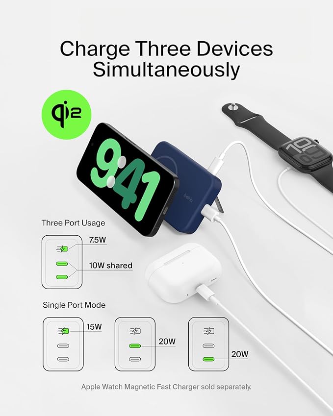 Belkin Portable Charger, Wireless Power Bank 15W 10000 mAh w/ Qi2, MagSafe Charger + Built-in Pop-up Kickstand - Compatible w/iPhone 16, 15, 14, Plus, Pro, Max, Google Pixel 10, etc. - Blue