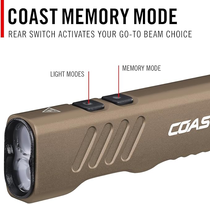 Coast Slayer 1150 Lumen USB-C Rechargeable LED Flashlight with Spot/Flood, Memory Mode and Pocket Clip, Dune