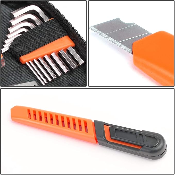 DNA MOTORING 16pcs Mechanic Home Repair Tool Set, Includes Pliers, Wrench, Hex Key, Screwdriver, Spirit Level,Tape Measurer, Mechanic repair set, w/Carrying Case, Orange/Black, TOOLS-00030