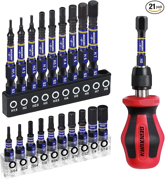 Magnetic Changeable Head Manual Screwdriver Set Include Quick Change Mini Screwdriver and 20Pcs Impact S2 Hex Screwdriver Bits, Quick Release 1/4” Hex Bit Extension Holder