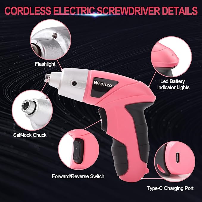 Electric Screwdriver, 3.6V Cordless & Rechargeable Screwdriver Set, 28pc Drill Set with Led Lights, USB Charging Cable, Tool Knife, Pink
