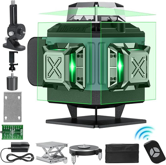 16 Line Laser Level, 4x360° Green Laser Line Self-Leveling Tool, Upgraded IP65 Metal Housing, Lazer Leveler Tool for Construction and Hanging Pictures, 2 Batteries & Remote Control
